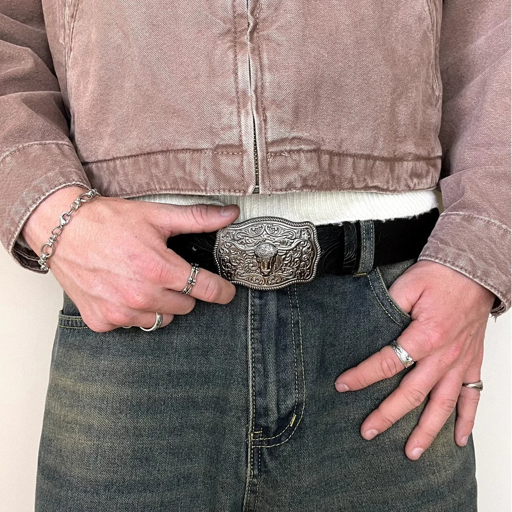 black american western cowboy silver bull design belt